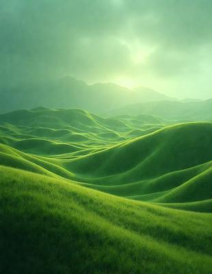 The primary subject of the image is a lush green hillside with a mountainous background. The setting is a beautiful, verdant landscape with a serene atmosphere. The visual style is a combination of photo and digital art, creating a realistic yet artistic representation of the scene. The dominant colors are green, which is prevalent in the grass and the mountain range, and the overall mood is one of tranquility and natural beauty.
